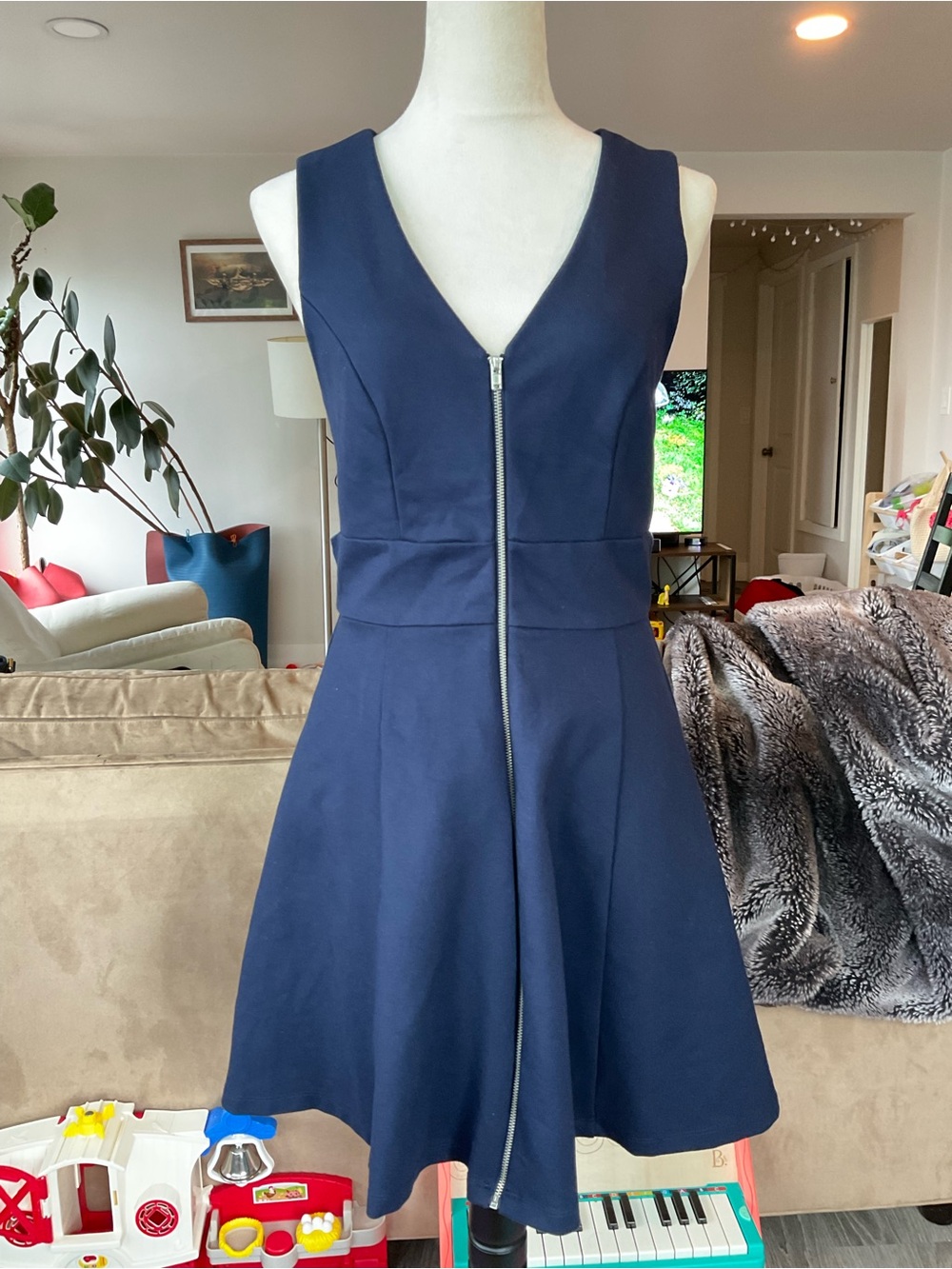 🍾Adelyn Rae Navy Blue Full-Zip Fit & Flare Mini Dress Med Party Evening Wedding
